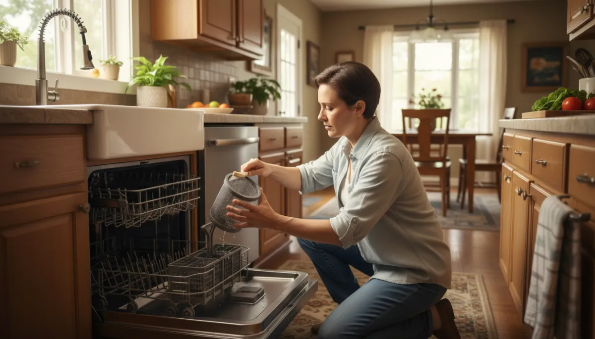 A realistic photo of a real Fresno or Central Valley homeowner (adult, casual clothing, gender-neutral) kneeling and cleaning the filter in a real dishwasher inside a lived-in, tidy residential kitchen. The setting should feel authentic to a Central Valley home, with natural lighting.
