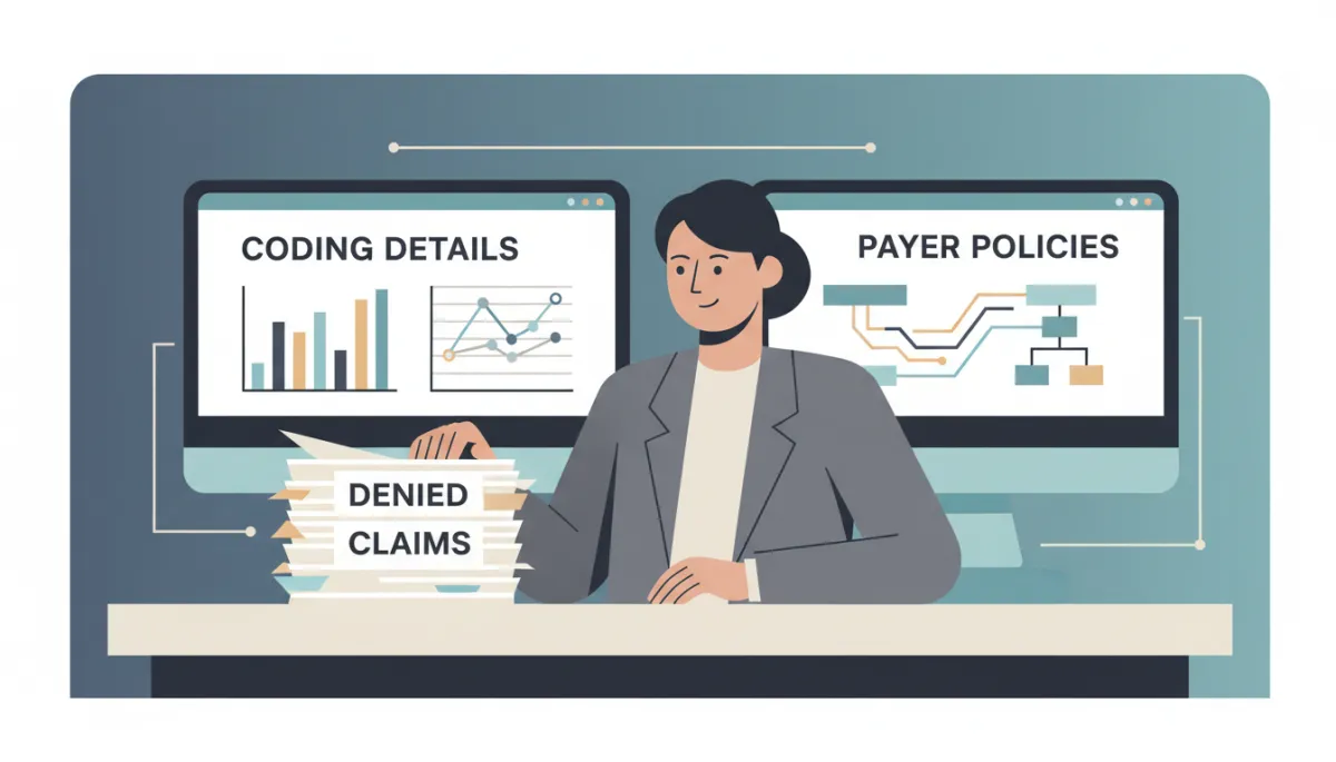 Attorney analyzing denied medical claims and payer policies in a professional office Attorney analyzing denied medical claims and payer policies in a professional office