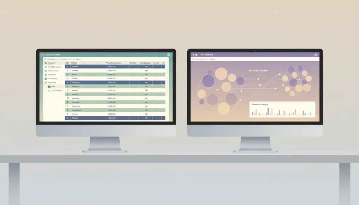 Side-by-side comparison of manual spreadsheet review and AI-driven billing pattern dashboard