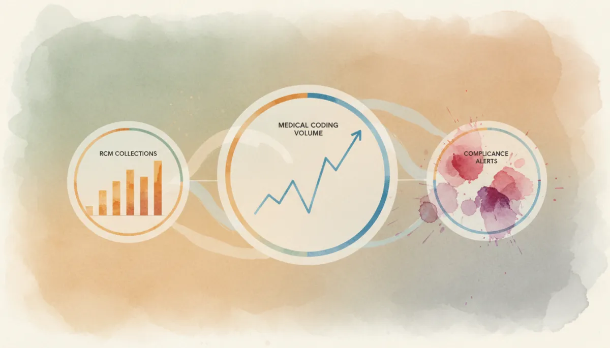 Digital dashboard displaying medical coding, revenue cycle, and compliance metrics in a hospital