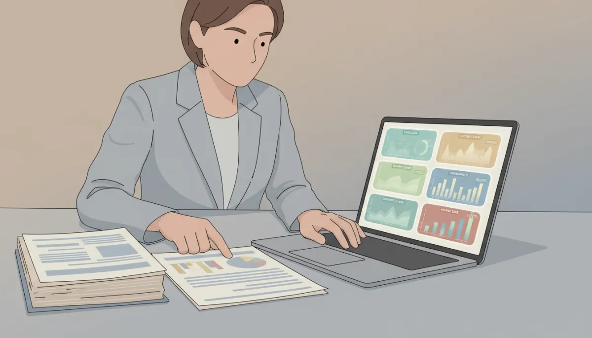 Legal analyst comparing paper medical records with AI-generated coding analysis on a laptop