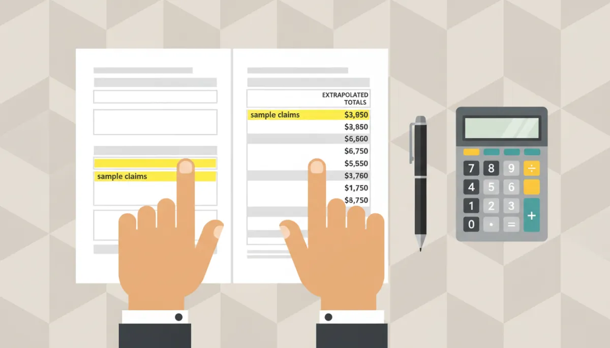 Audit report showing sample claims and extrapolated totals on a desk