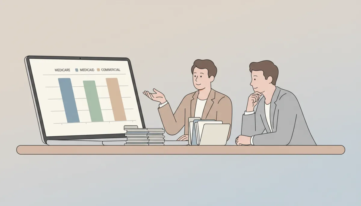 Attorney and healthcare CFO reviewing a bar chart of recoupment volumes by payer segment