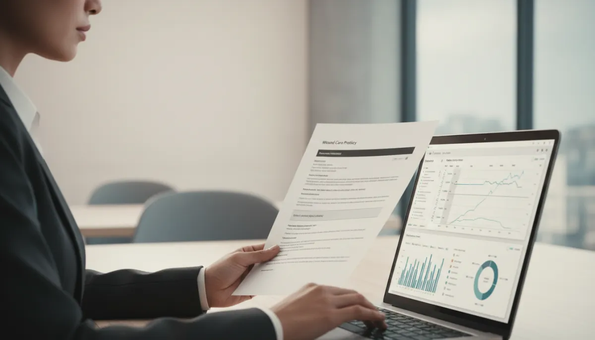 Compliance analyst comparing wound care coverage policy with a patient chart