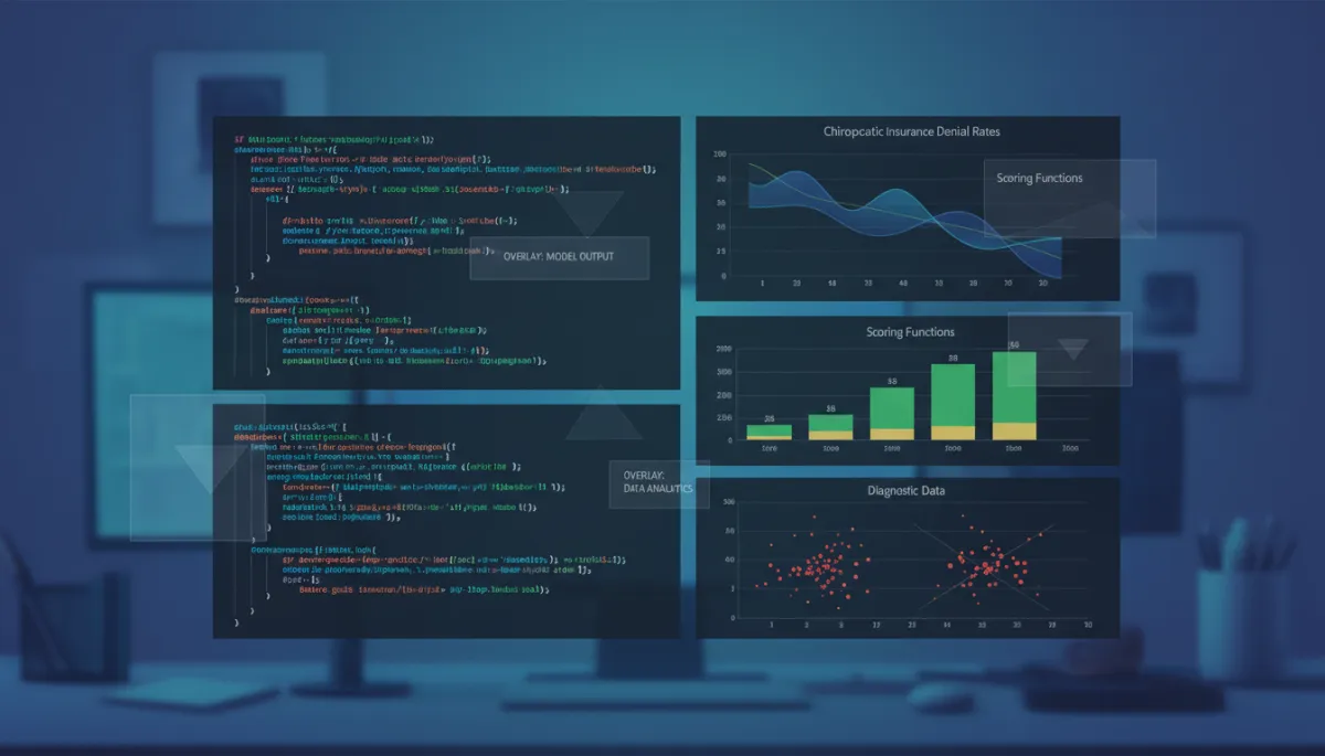 A technical dashboard in a developer's workspace displaying Python code alongside analytics charts for chiropractic insurance denial rates, with overlays of scoring functions and diagnostic data. The style should be clean, professional, and focused on programming and data analysis.