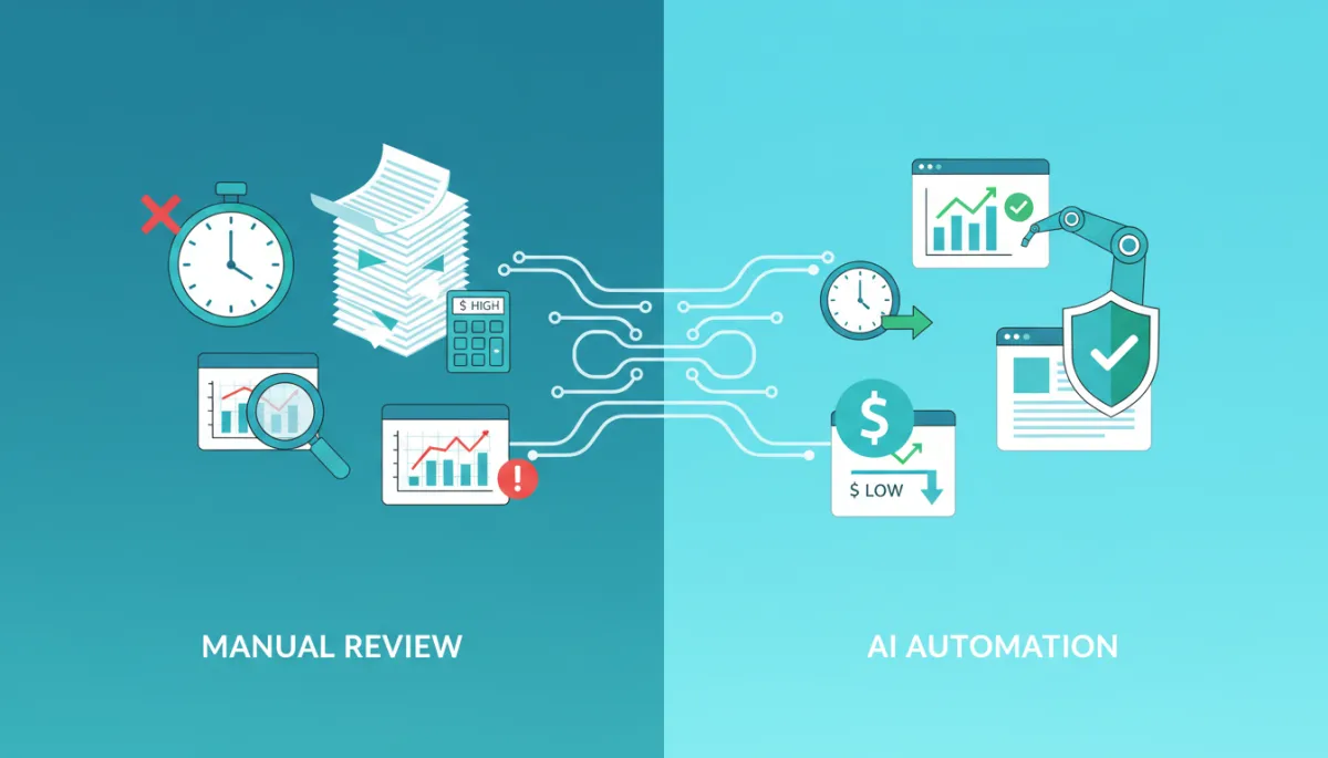Modern clean illustration comparing manual chart review and AI-driven chart review automation dashboards