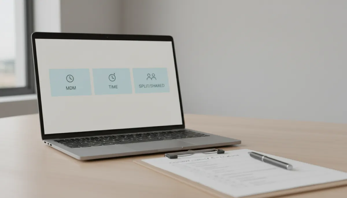 Laptop screen displaying structured E&M documentation template with compliance checklist