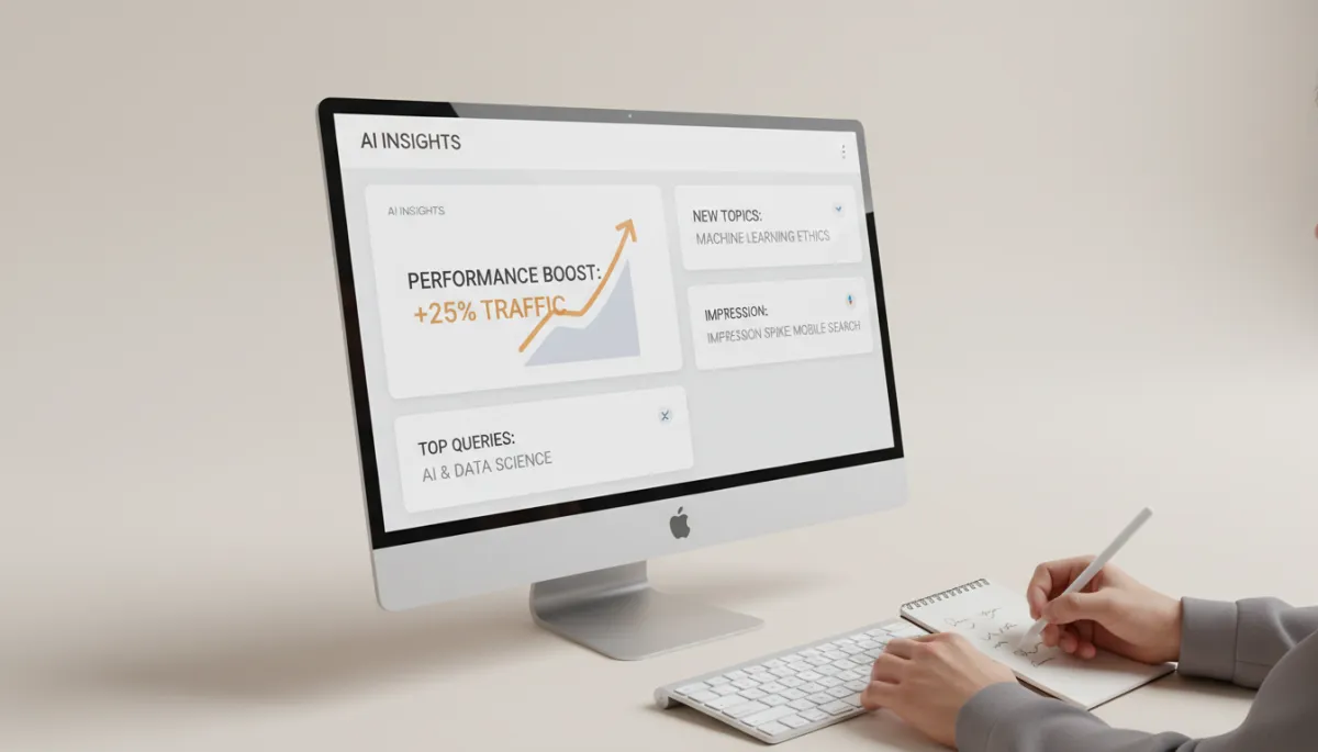 Close-up of Google Search Console AI insight cards on a monitor