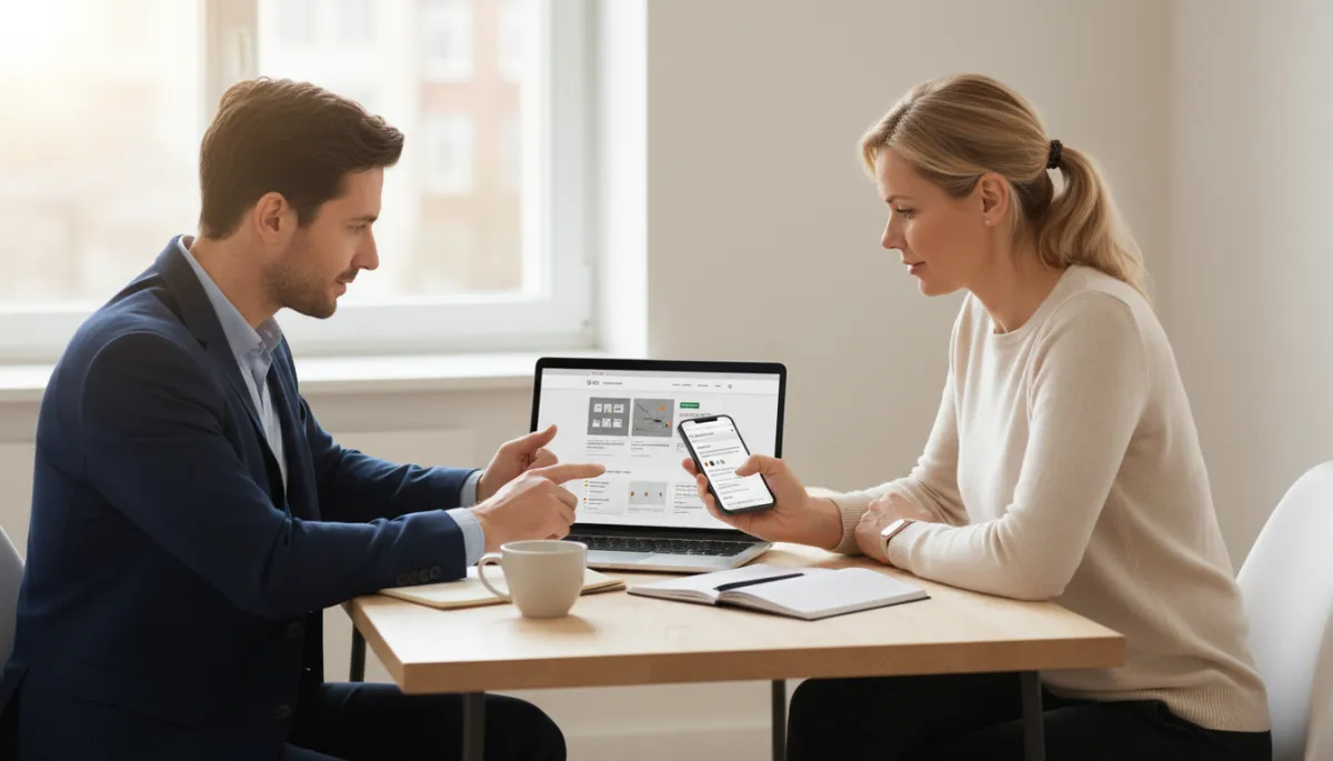 Consultant and small business owner reviewing mobile website and local search rankings