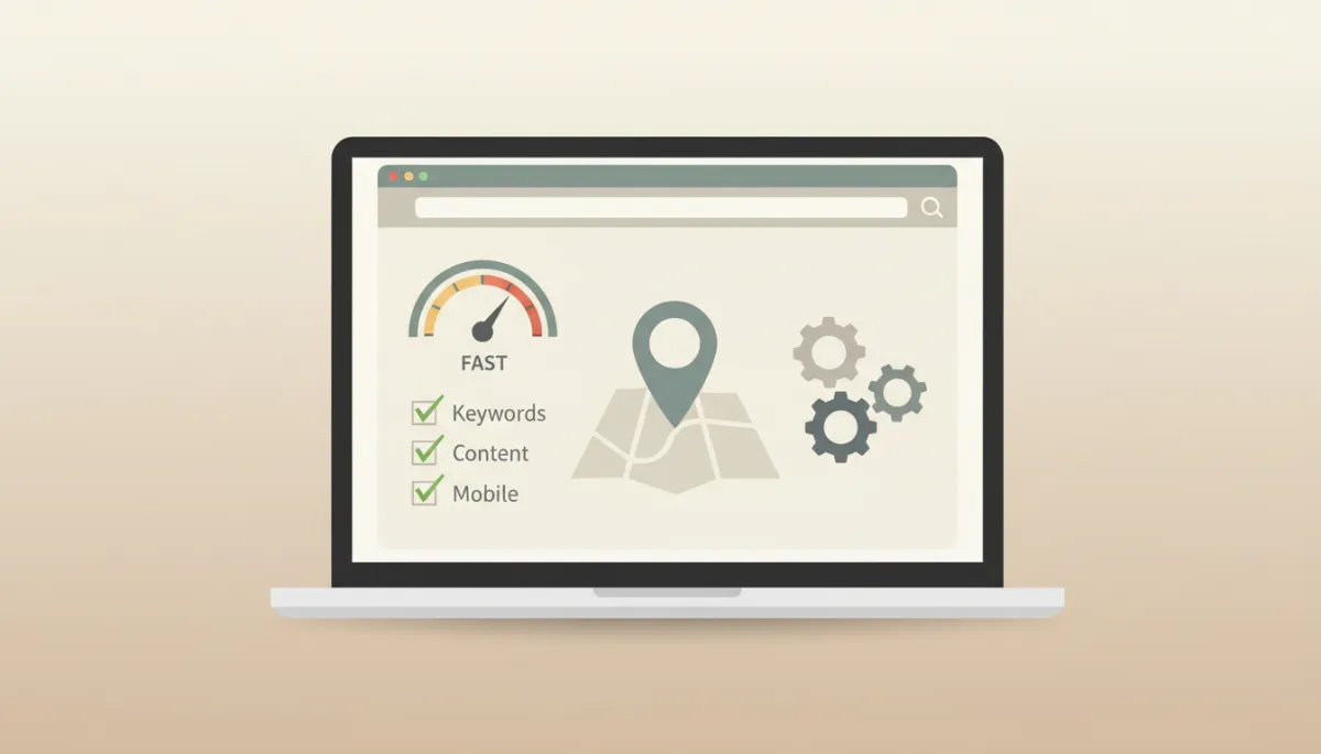 Illustration of website optimisation tasks including speed, checklists and local SEO