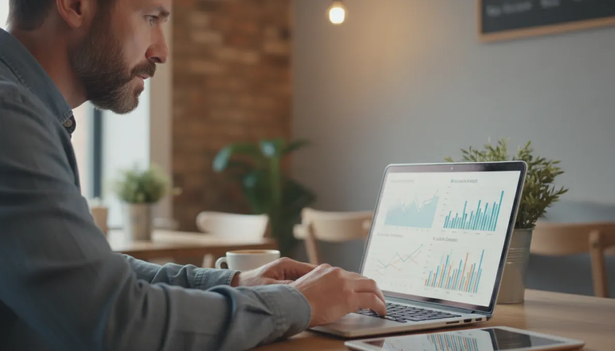 Leicester café owner analysing backlink intelligence and AI search visibility reports