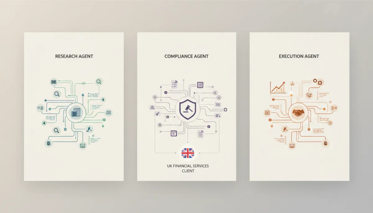 modern, clean neutral-toned dashboard view of multi-agent AI workflows, showing separate intelligent agents handling research, compliance, and execution for a UK financial services client