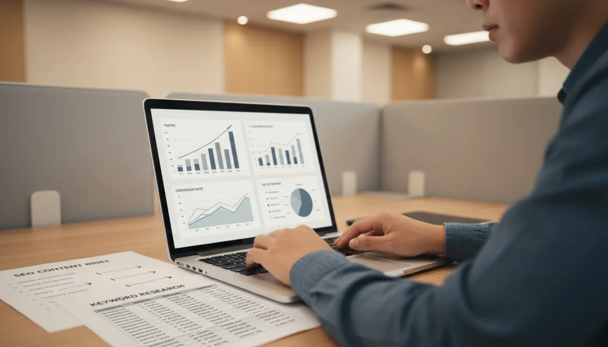 Marketer optimising website content based on SEO keyword research