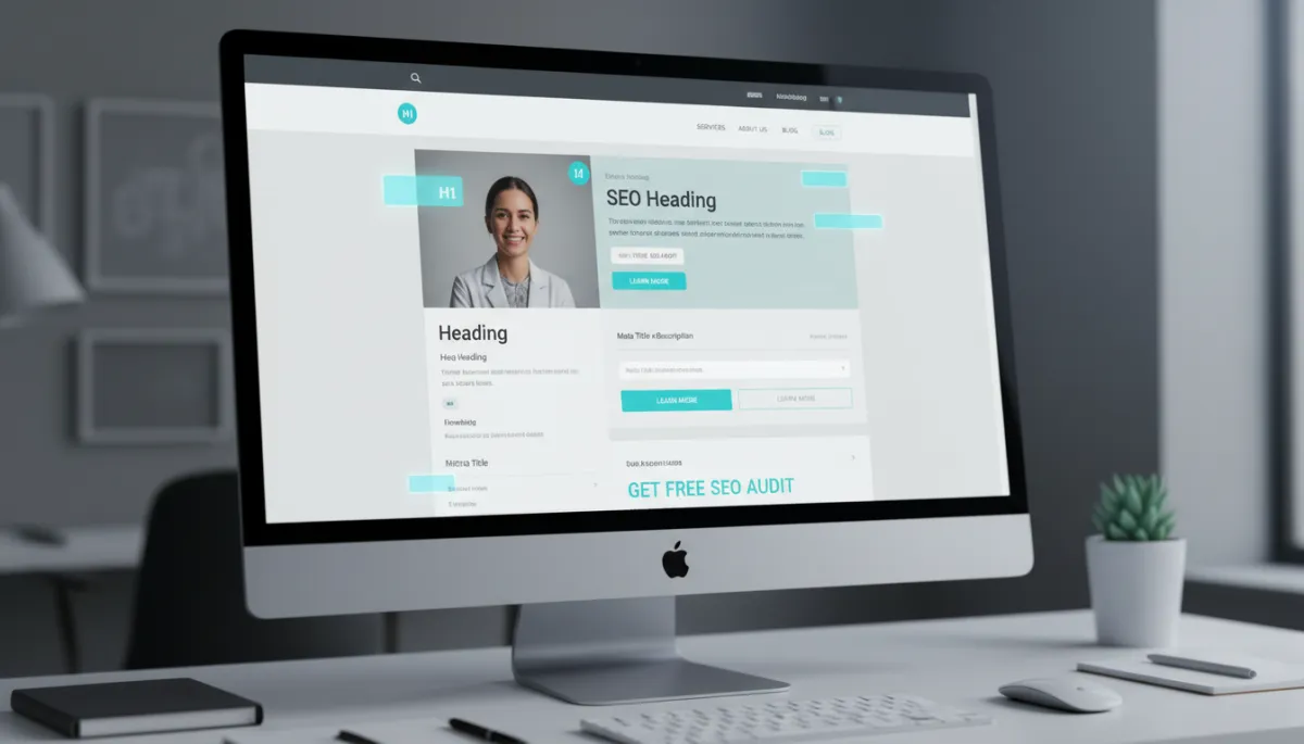 Website layout showing optimised SEO elements highlighted in aqua tones