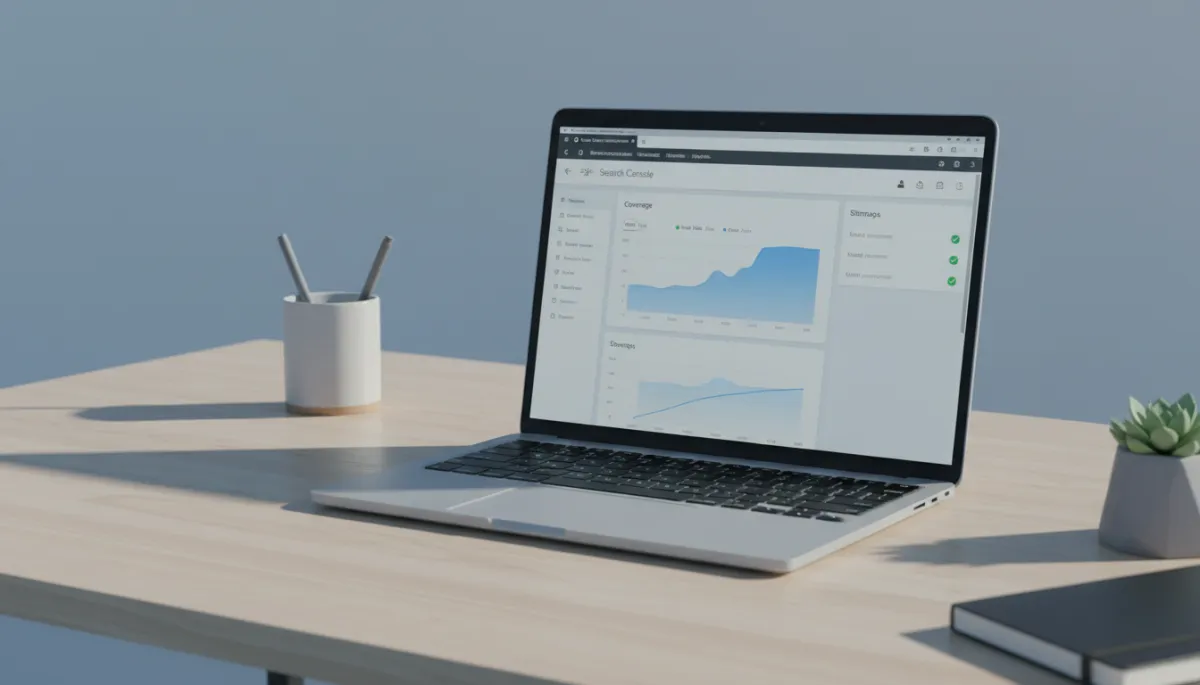 Laptop displaying Google Search Console coverage and sitemap reports
