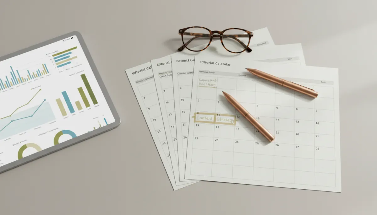 Printed editorial calendar with highlighted SEO content and keywords