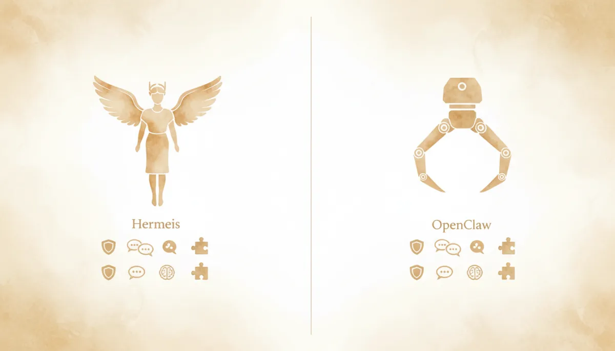 Visual comparison of Hermes and OpenClaw AI agent capabilities in a neutral professional style