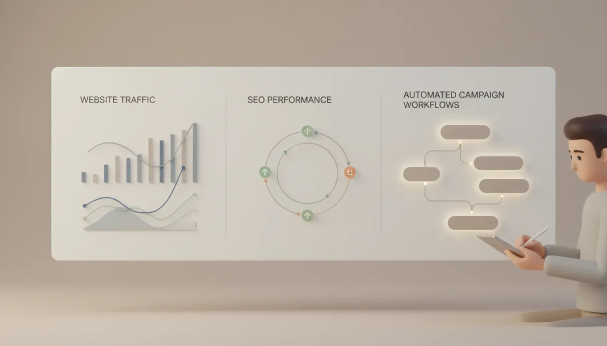 Analytics dashboard showing SEO and campaign performance managed by AI agents Analytics dashboard showing SEO and campaign performance managed by AI agents