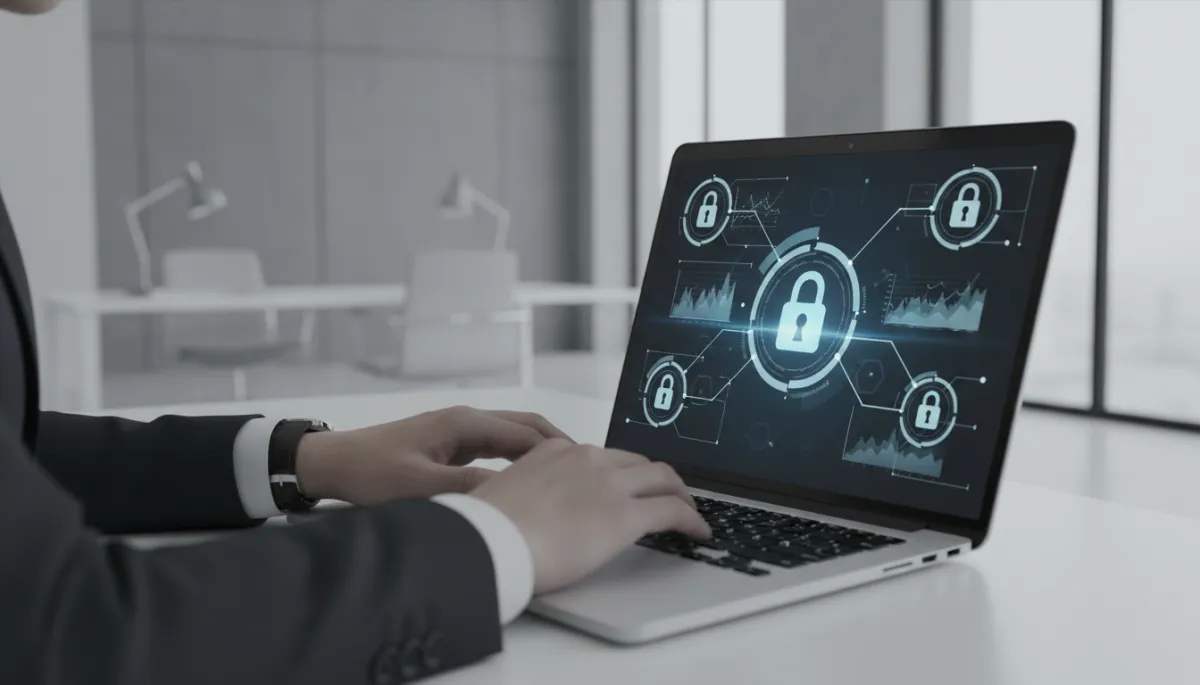Consultant reviewing AI security and compliance checklist on laptop Consultant reviewing AI security and compliance checklist on laptop