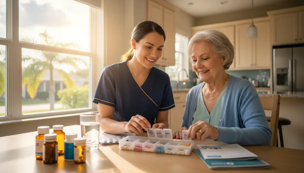 Nurse providing medication oversight and support for a senior woman at home in Hudson FL Nurse providing medication oversight and support for a senior woman at home in Hudson FL