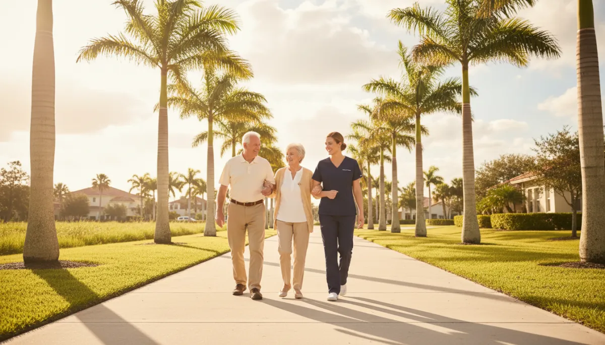 Caregiver walking with seniors along a sunny sidewalk in Pasco County Caregiver walking with seniors along a sunny sidewalk in Pasco County