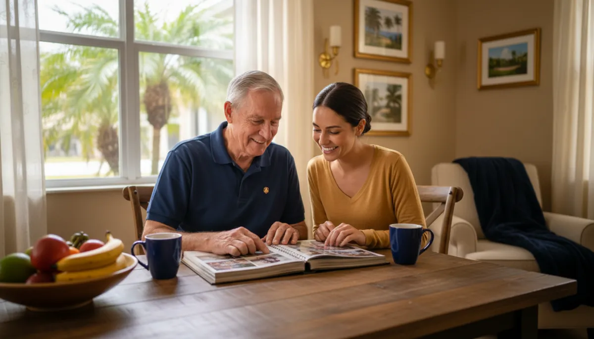 Veteran in Pasco County sharing memories at home with a compassionate caregiver