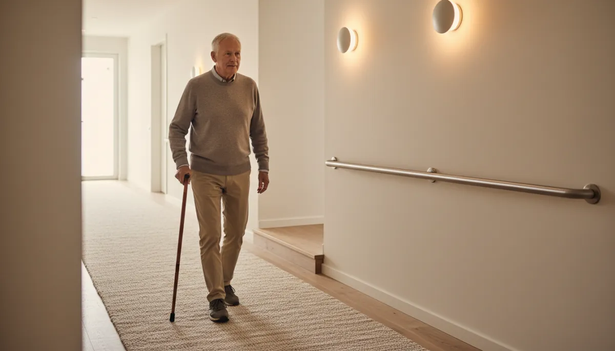 Senior man walking safely down a warm neutral hallway with safety features Senior man walking safely down a warm neutral hallway with safety features