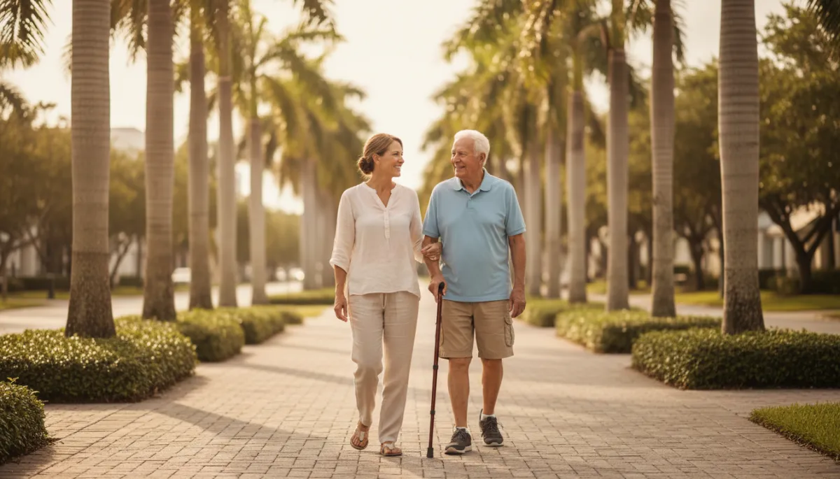 photographic realistic warm neutral tones, caregiver and senior man walking slowly on a shaded Florida sidewalk lined with palm trees, both smiling, soft golden-hour lighting photographic realistic warm neutral tones, caregiver and senior man walking slowly on a shaded Florida sidewalk lined with palm trees, both smiling, soft golden-hour lighting