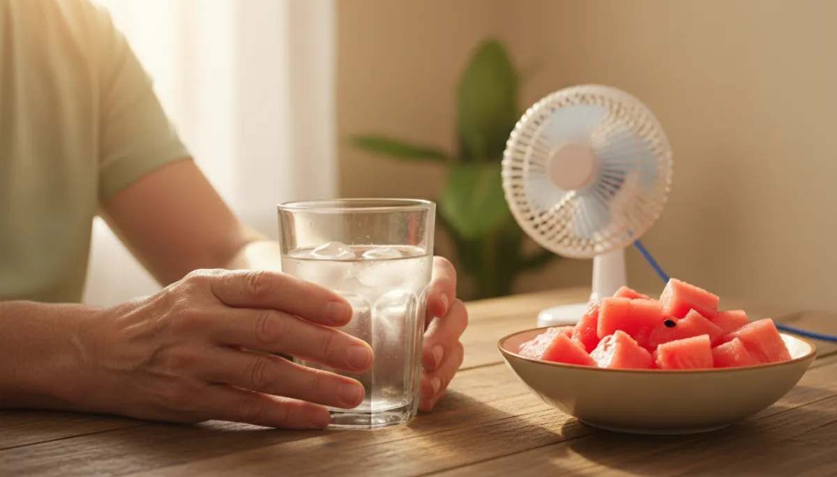 Older adult staying hydrated with water and cooling snacks during hot weather