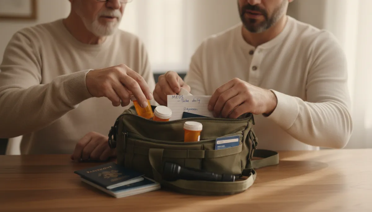 Elderly man and adult child packing a hurricane emergency go-bag with medications and documents Elderly man and adult child packing a hurricane emergency go-bag with medications and documents