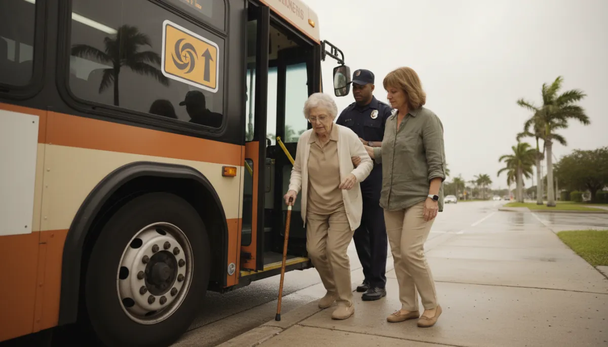 Elderly woman boarding an evacuation bus with assistance from family and driver Elderly woman boarding an evacuation bus with assistance from family and driver