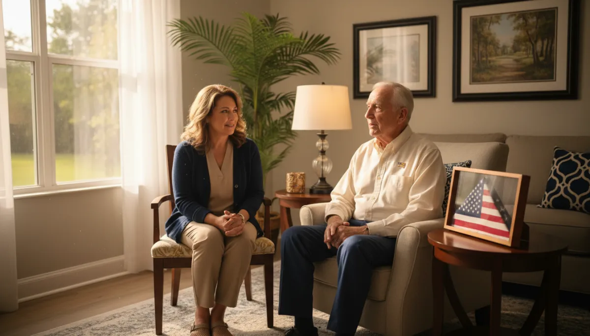 photorealistic warm-toned scene of an older veteran in a neatly pressed casual shirt sitting in a bright Hudson FL living room, U.S. flag folded in a frame on a side table, a compassionate caregiver sitting nearby listening attentively, soft afternoon light coming through the window