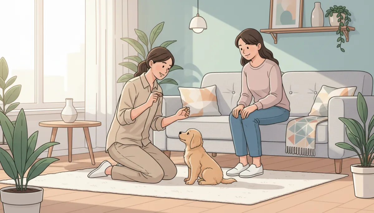 Accredited dog trainer demonstrating positive puppy training with owner present Accredited dog trainer demonstrating positive puppy training with owner present