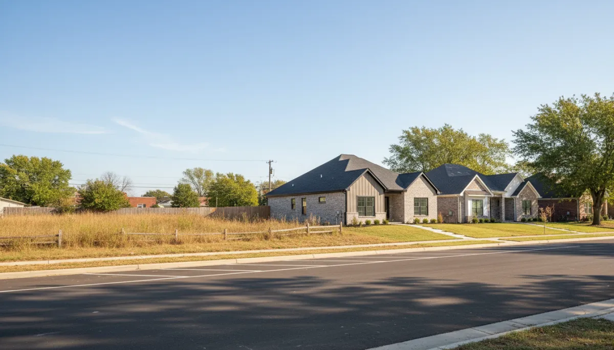 Street scene showing vacant lots beside newly built homes in Kansas City