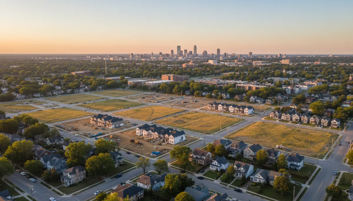 professional aerial view of Kansas City east side neighborhoods at sunset, showing a patchwork of vacant lots and new construction homes, neutral color palette, clear sky, subtle city skyline in background