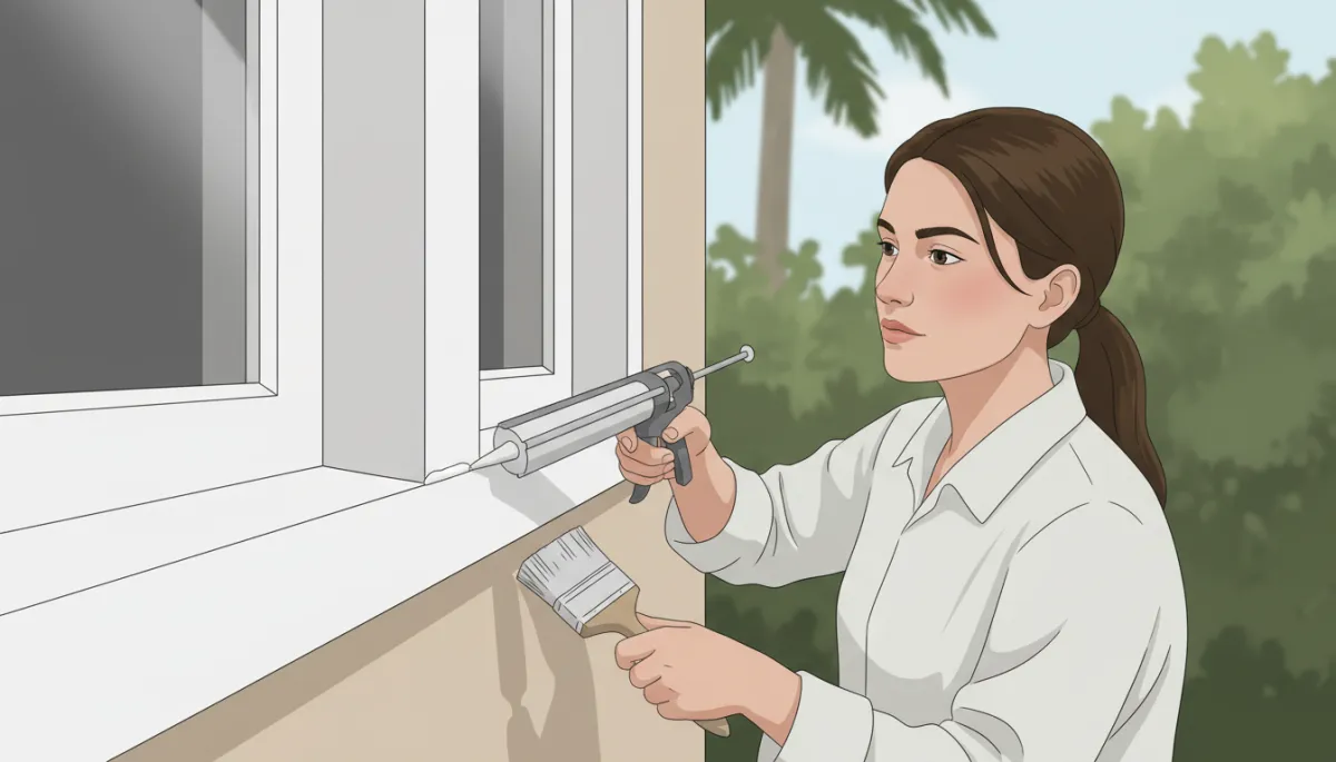 Painter caulking and priming window trim on a Florida home