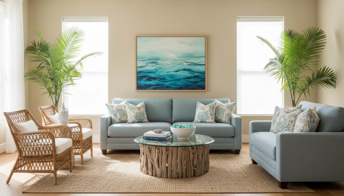 A photorealistic, inviting Sarasota living room with freshly painted neutral walls, bright natural daylight, coastal-inspired decor, and uncluttered furniture—distinct from previously used images, ideal for real estate showings.