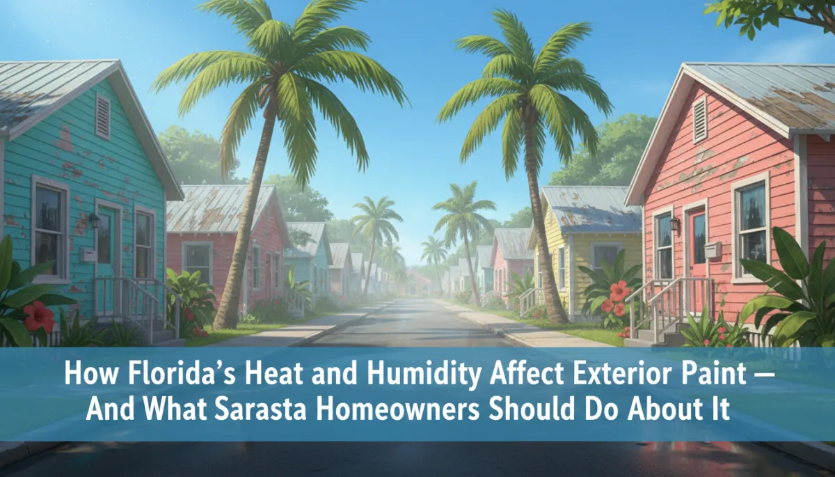 A photorealistic image of a sunny Sarasota neighborhood in Florida, showcasing colorful houses with visibly peeling or faded exterior paint due to heat and humidity. Lush palm trees and a clear blue sky emphasize the hot, humid climate. Subtle moisture or condensation effects can be seen on some surfaces. Overlay the main blog title, “How Florida's Heat and Humidity Affect Exterior Paint — And What Sarasota Homeowners Should Do About It,” in bold, all-white text centered across the image for maximum readability and contrast. The overall tone is professional and informative, suitable for a home improvement blog.
