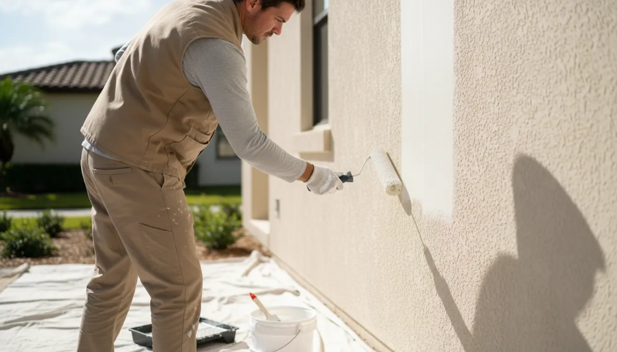 Professional painter rolling exterior paint onto a stucco wall in Sarasota