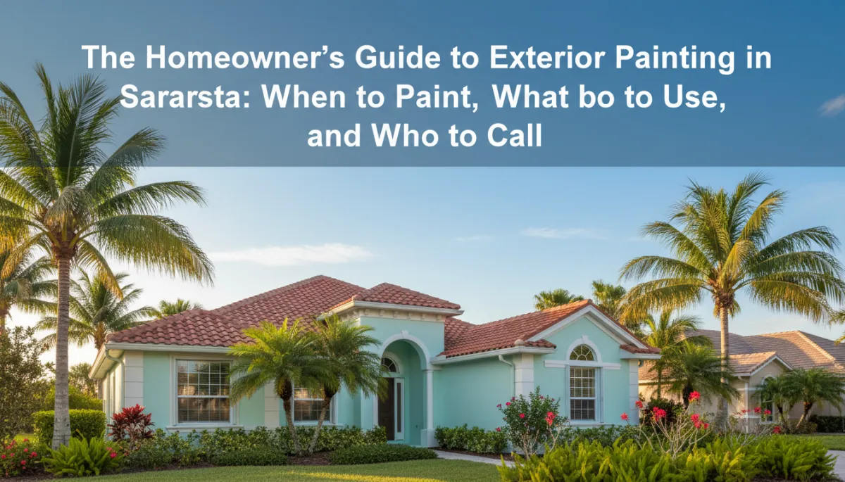 Create a photorealistic, high-resolution image of a well-maintained Sarasota home with a freshly painted exterior, bathed in warm Florida sunlight. The house should feature tropical landscaping, palm trees, and a clear blue sky, capturing the essence of Sarasota’s coastal charm. Prominently overlay the blog title, 