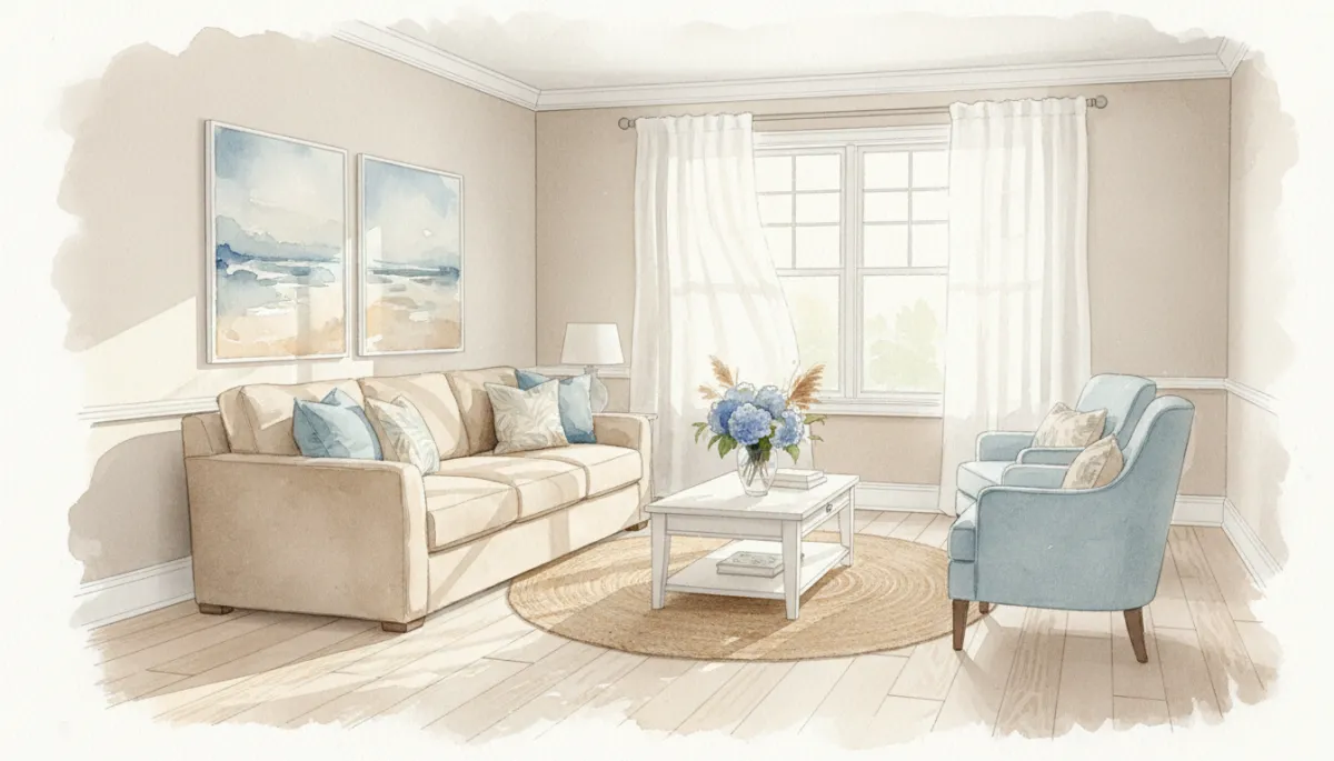 Neutral Florida living room with soft blue and sand accents Neutral Florida living room with soft blue and sand accents