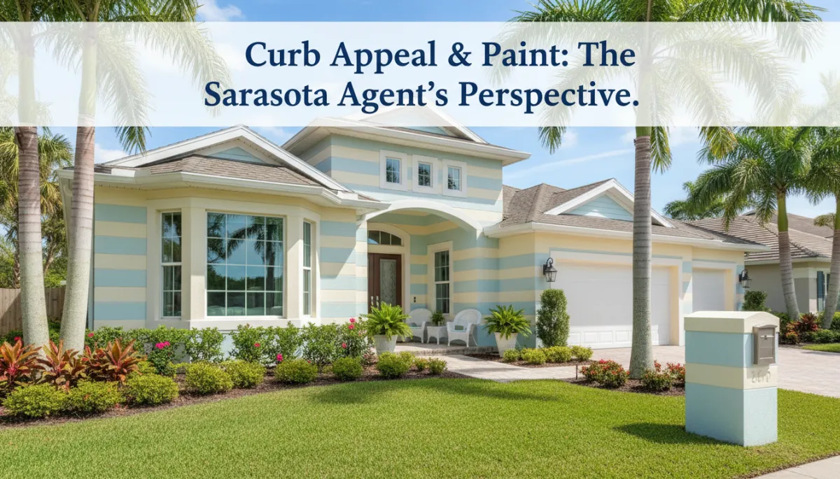 Photorealistic, high-resolution image of a beautiful Sarasota-style home exterior in bright daylight, showcasing pristine, freshly painted pastel-colored walls (such as light blue, soft yellow, or cream) and impeccable curb appeal. The lush, manicured landscaping features vibrant green grass, tropical plants, and palm trees framing the driveway and front walkway. The home's facade includes clean windows, an inviting front porch with tasteful decor, and a modern mailbox. The image should feel inviting and aspirational, highlighting the qualities real estate agents seek in curb appeal and paint presentation. Overlay professional, elegant text in a non-black color (such as deep navy blue or forest green) that complements the scene, reading: Photorealistic, high-resolution image of a beautiful Sarasota-style home exterior in bright daylight, showcasing pristine, freshly painted pastel-colored walls (such as light blue, soft yellow, or cream) and impeccable curb appeal. The lush, manicured landscaping features vibrant green grass, tropical plants, and palm trees framing the driveway and front walkway. The home's facade includes clean windows, an inviting front porch with tasteful decor, and a modern mailbox. The image should feel inviting and aspirational, highlighting the qualities real estate agents seek in curb appeal and paint presentation. Overlay professional, elegant text in a non-black color (such as deep navy blue or forest green) that complements the scene, reading: