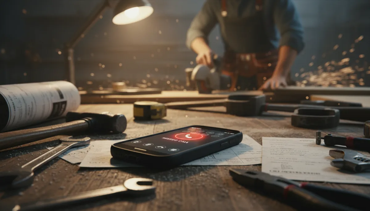 cinematic close-up of a ringing smartphone on a dusty workbench in a garage, tools and invoices scattered around, phone screen showing multiple missed calls while a contractor works in the blurred background