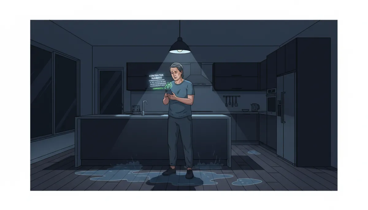 dramatic wide shot of a homeowner at night standing in a dimly lit kitchen with water on the floor, phone in hand scrolling through search results, multiple contractor numbers on screen while only one shows an active call connecting