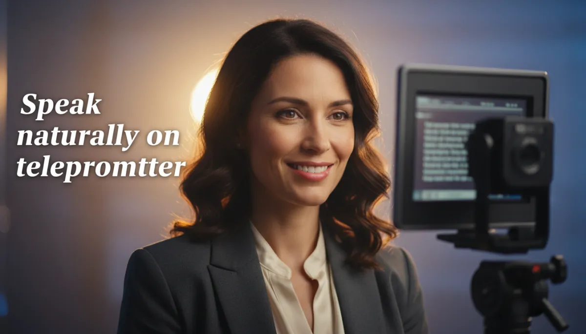 professional photorealistic scene of a confident coach standing in front of a camera with a teleprompter, neutral studio background, soft lighting, subtle branding on laptop, overlay text area in lower third professional photorealistic scene of a confident coach standing in front of a camera with a teleprompter, neutral studio background, soft lighting, subtle branding on laptop, overlay text area in lower third