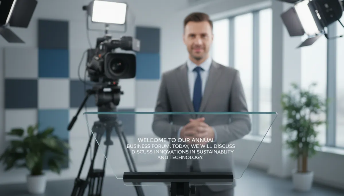 A high-resolution, photorealistic image showing a close-up view of a real teleprompter setup in a modern office or studio environment. The image captures the transparent glass screen of the teleprompter with clear, readable text reflected on its surface. In the background, a professional presenter stands in front of a camera, dressed in business attire, ready to deliver a speech. The scene is well-lit, with crisp details that emphasize the technology and professionalism, ensuring the overall aesthetic matches a polished, contemporary business blog.