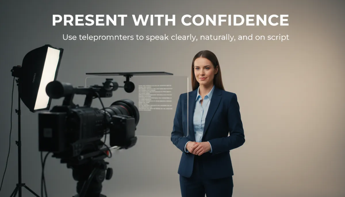 Create a photorealistic, high-resolution image of a confident business professional standing in a modern studio, delivering a presentation in front of a professional camera setup equipped with a clear glass teleprompter. The presenter, dressed in smart business attire, maintains direct eye contact with the camera, exuding confidence and poise. The teleprompter screen in front of the camera lens displays scrolling text, subtly visible. The background is neutral with soft, professional studio lighting that highlights the subject without distractions. At the top of the image, add a clean and bold heading: 