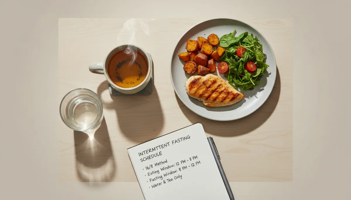 Planned intermittent fasting schedule alongside a simple balanced meal and drinks Planned intermittent fasting schedule alongside a simple balanced meal and drinks