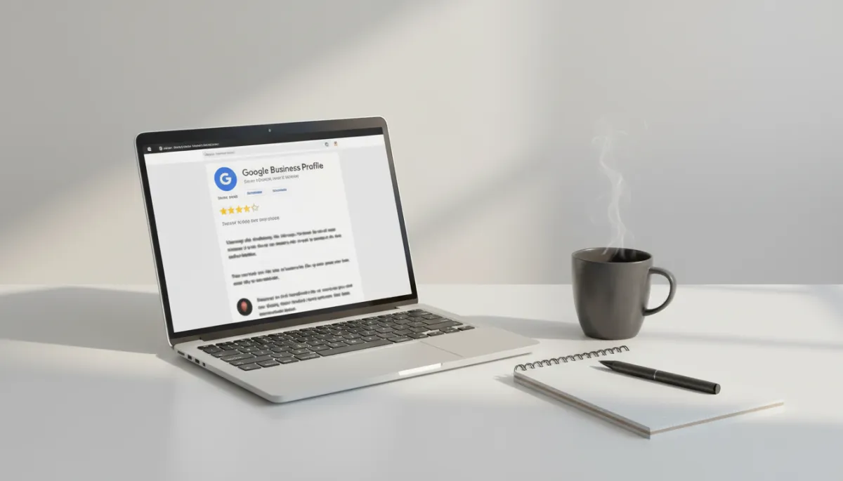 Laptop displaying a Google Business Profile filled with positive reviews in a professional workspace