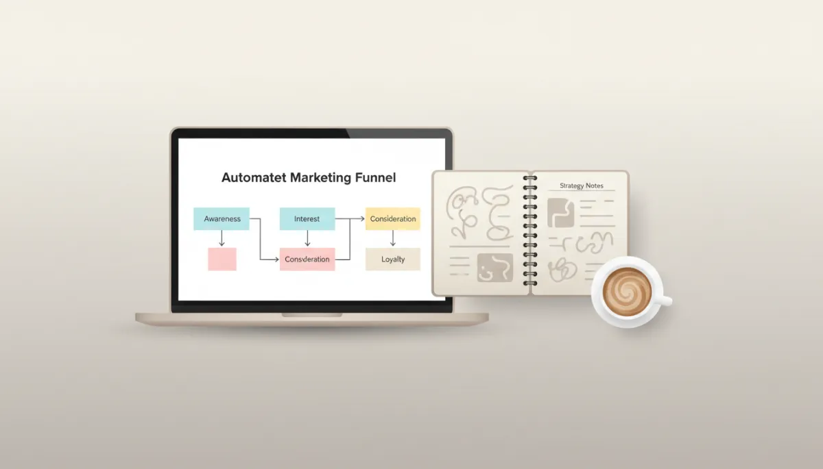 professional neutral-color flat lay of a laptop showing an automated marketing funnel flowchart, next to a notebook with strategy notes and a cup of coffee, clean and professional style professional neutral-color flat lay of a laptop showing an automated marketing funnel flowchart, next to a notebook with strategy notes and a cup of coffee, clean and professional style
